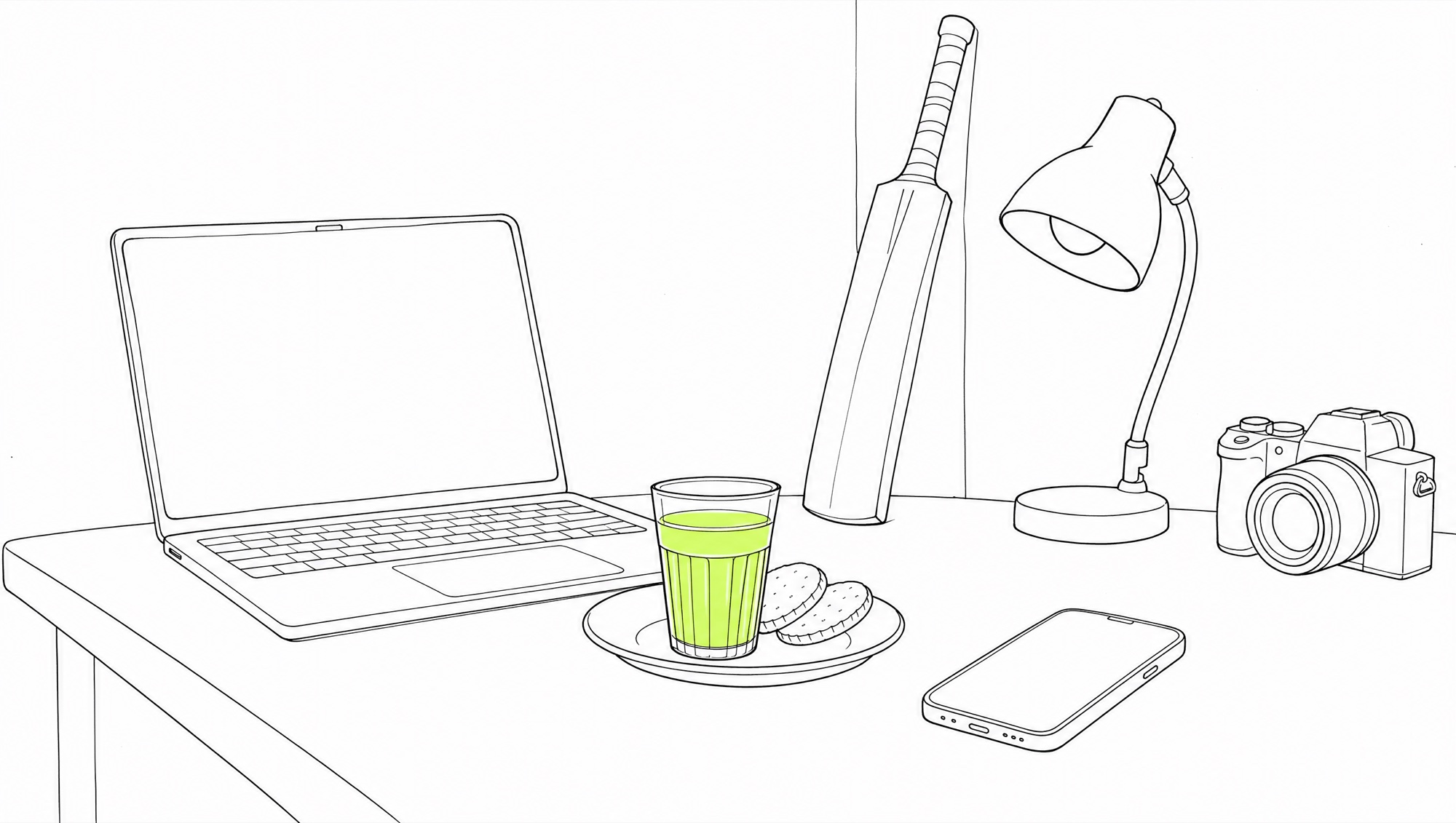 ink drawing of the desk: laptop, chai, bat, lamp, camera, phone